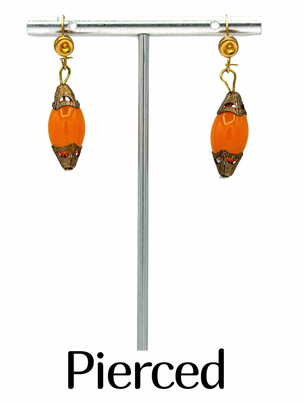 Tibetan Amber Glass Earrings Nepal Orange & Brass Metal Bohemian Gypsy Vibe